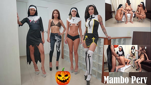Escuadrón de pervertidas de Halloween: ritual sexual de 4 pervertidas y gangbang inverso (anal, blasfemia, 1 chico con 4 chicas, chica demonio, boquiabiertos, cajero automático, ATOGM) OB230